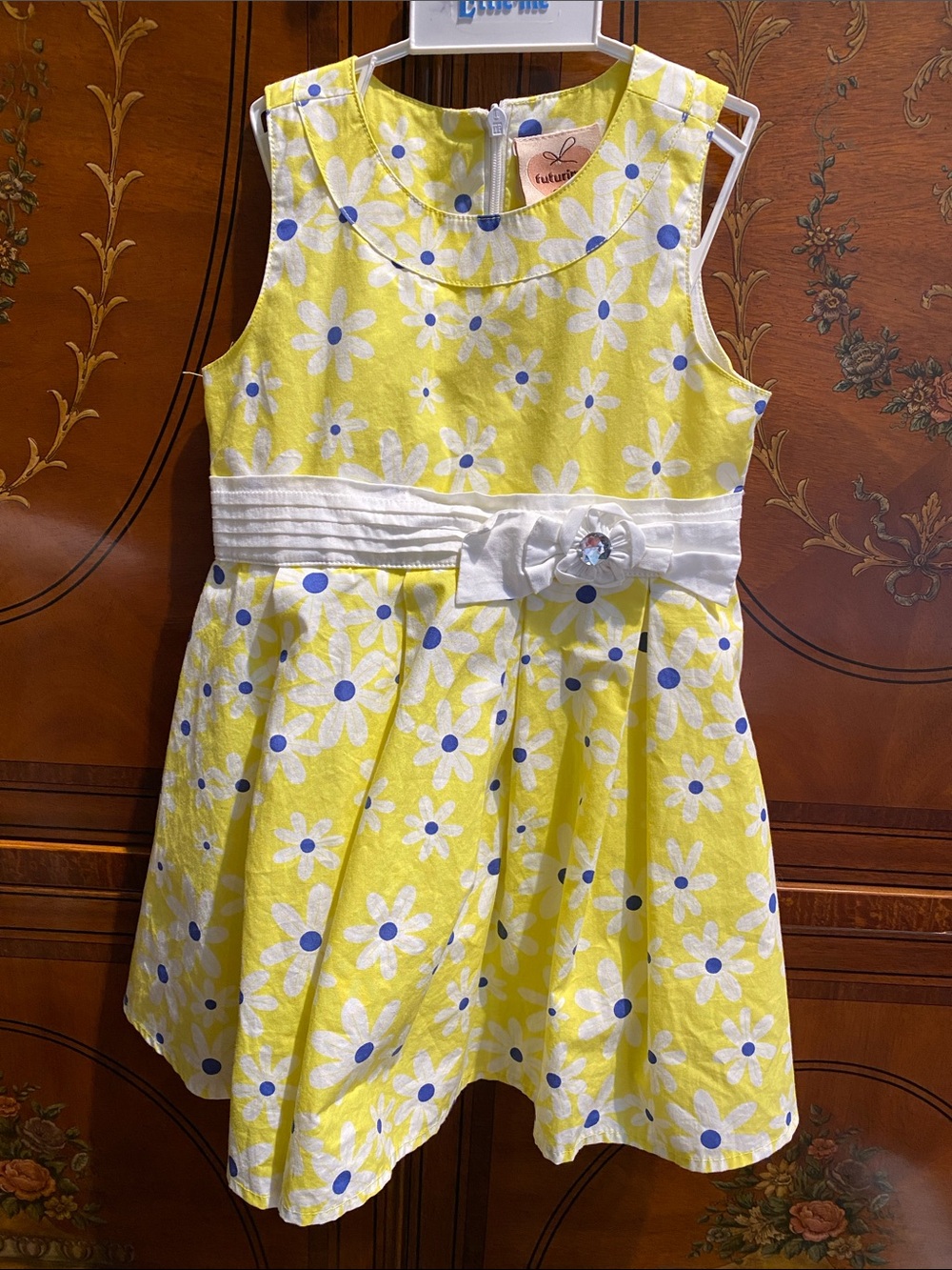 Yellow Floral Sleeveless Girls Dress with White Waistband